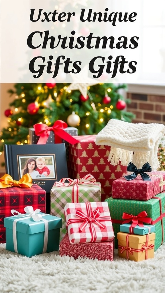 A collection of unique Christmas gifts including a photo album, blanket, and wrapped boxes with holiday decorations.